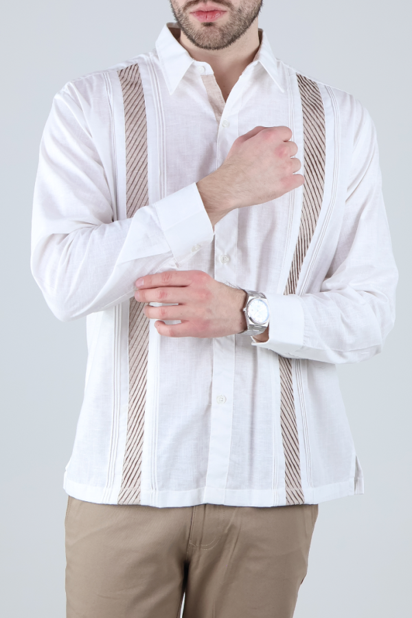 Camisa Guayabera Hombre Manga Larga Con Alforzas Y Contraste En Pecho